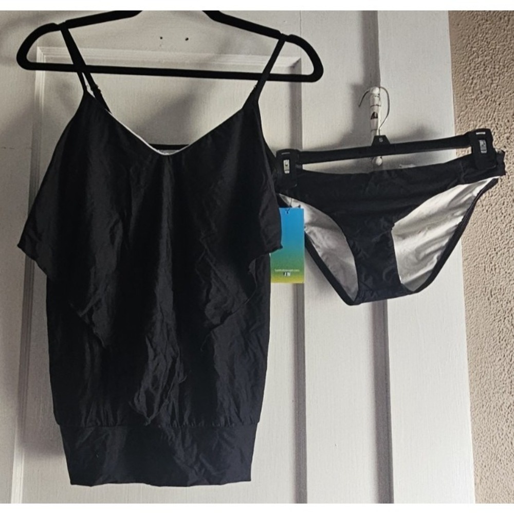 NWT LUXE by LISA VOGEL 2pcs tulip hem tankini top + bikini bottom black 8